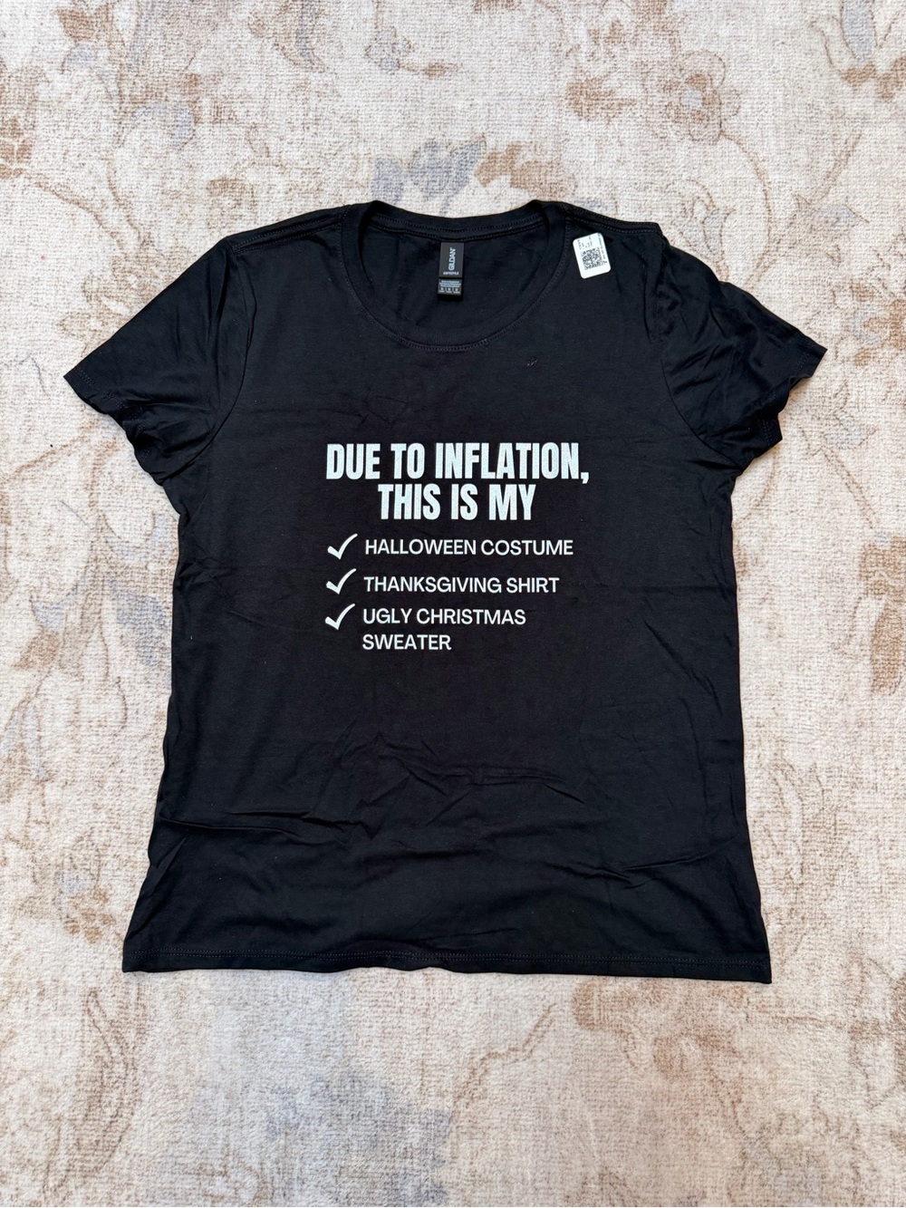 NWT “Due to Inflation” Black Short-Sleeve Halloween Graphic Tee with White Print